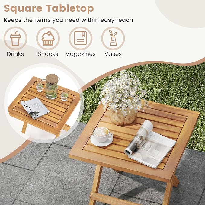 Tangkula Outdoor Folding Side Table, Acacia Wood End Table with X-Shaped Legs & Slatted Tabletop, Portable Square Patio Bistro Table for Garden, Poolside, Camping, Picnic, 16" x 16" x 16" (2)