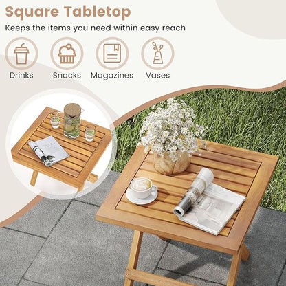 Tangkula Outdoor Folding Side Table, Acacia Wood End Table with X-Shaped Legs & Slatted Tabletop, Portable Square Patio Bistro Table for Garden, Poolside, Camping, Picnic, 16" x 16" x 16" (1)