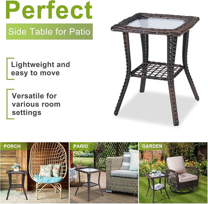 Outvita Outdoor Side Table, Patio Rattan Coffee Table Small End Table with Glass Tabletop and Storage Shelf for Patio Porch Backyard Balcony Living Room