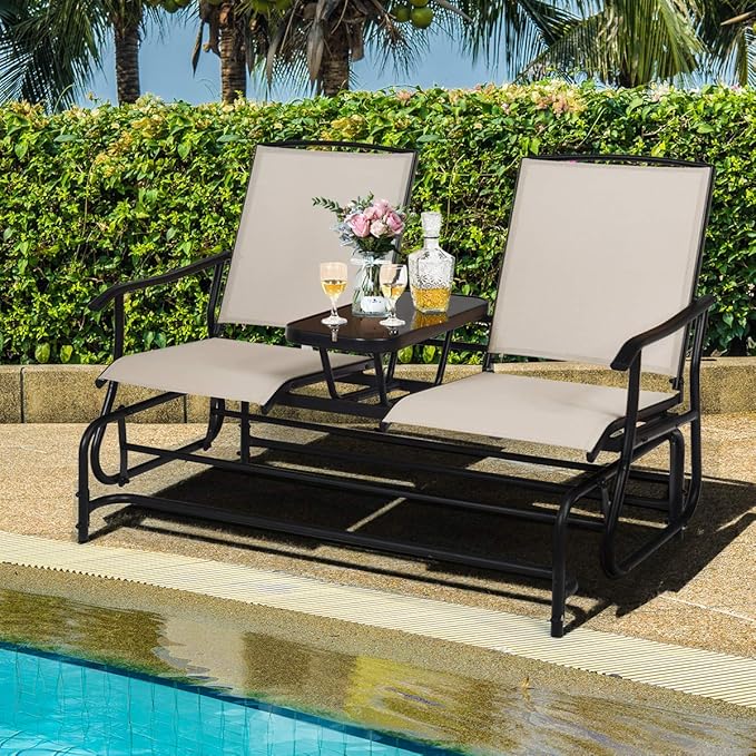 Giantex Patio Bench Glider Chair with Metal Frame, Center Tempered Glass Table - Photo 8