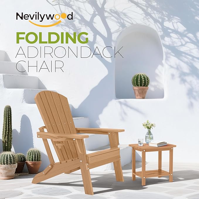 nevilywood HDPE Foldable Fire Pit Chairs Set of 2 with Cup Holders, Wood Grain, Durable Design, Perfect for Patio, Backyard & Outdoor Gatherings, Teak