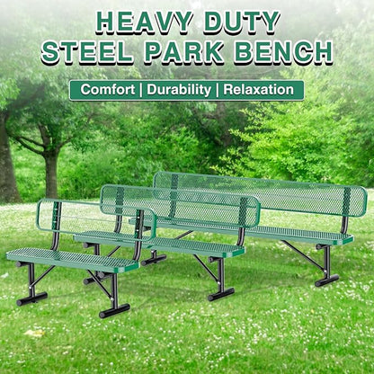 8Ft Heavy Duty Park Bench with Back Portable Frame, Outdoor Steel Bench with Backrest, Expanded Metal Mesh Bench for Lawn, Park, Deck, Garden, Patio, Porch, Green