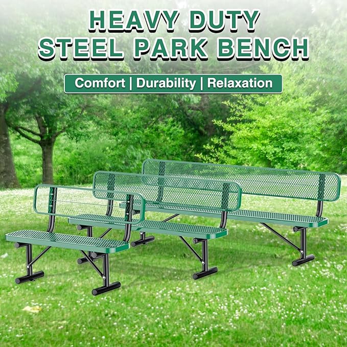 Outdoor Garden Bench, Cast Iron Metal Frame Patio Park Bench with Backrest, Portable Expanded Metal Black Bench, Commercial-Grade Outdoor Seating for Lawn, Patio, Park, Yard, Garden (Green, 4FT/48'')