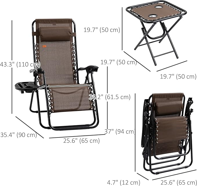 Outsunny Zero Gravity Chair Set with Side Table, Folding Reclining Chair with Cupholders & Pillows, Adjustable Lounge Chairs for Pool, Backyard, Lawn, Beach, Brown