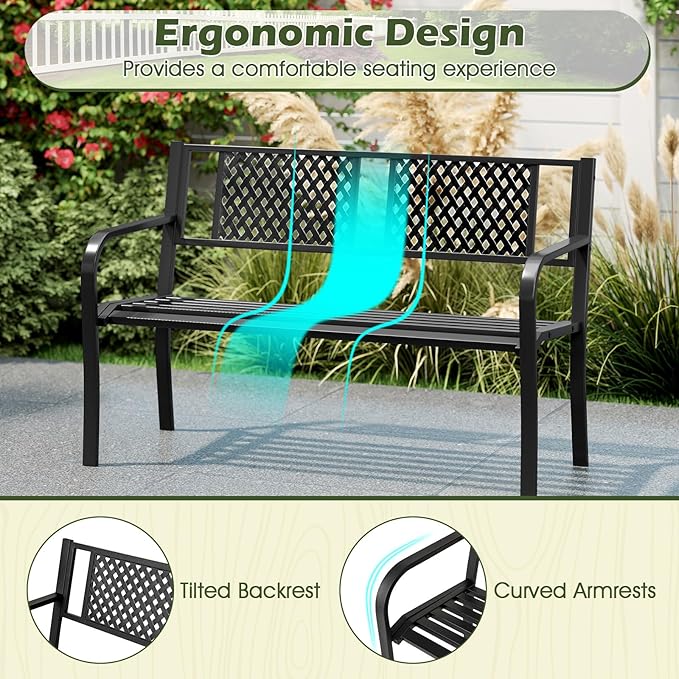 Giantex Metal Outdoor Bench with Mesh Pattern Backrest, Curved Armrests, 660Lbs Capacity, Slatted Seat for 2-3 Persons, Patio Bench for Yard, Poolside, Porch, Park, Garden (50"×23"×32",Black)