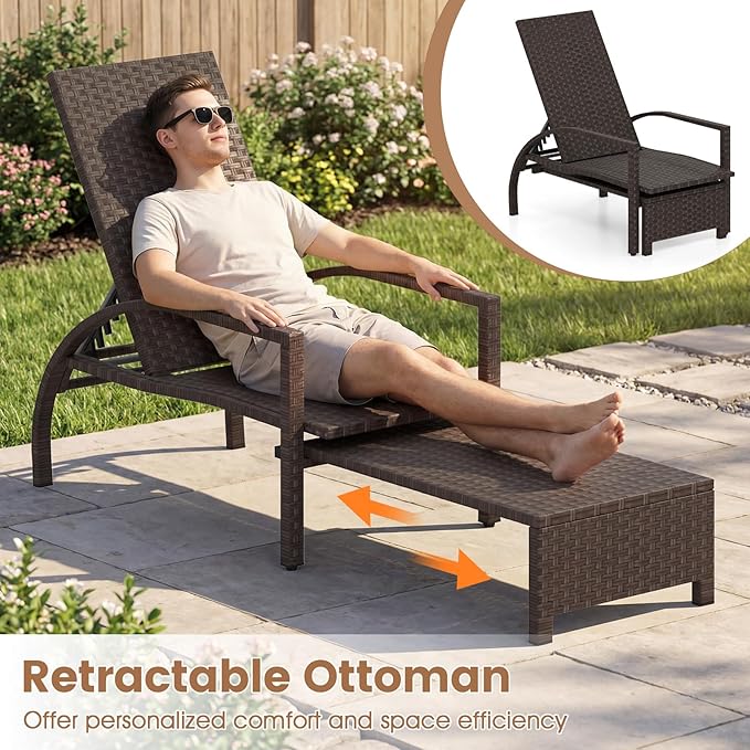 Tangkula Lounge Chair Outdoor Set of 2, Patio Rattan Chaise Lounge with Retractable Ottoman, 6-Level Adjustable Backrest - Photo 6