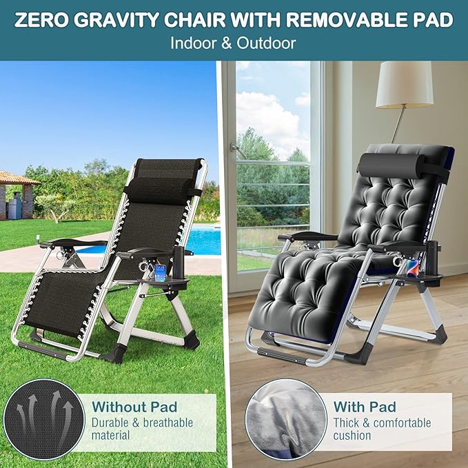 NAIZEA Padded Zero Gravity Chair, Folding Outdoor Lounge Chairs, Adjustable Reclining Camping Chairs with Cup Holder - Photo 4