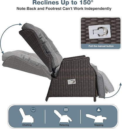 Outdoor Indoor Wicker Recliner with Adjustable Back and Footrest, Patio Reclining Chair with Flip-up Table, Outdoor Rattan Lounge Chair, Grey