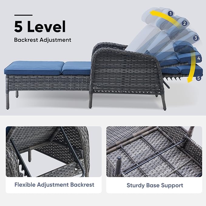 Belord Wicker Outdoor Chaise Lounge Patio Recliner - 75 Inch Adjustable Chaise Lounge with Soft Pillow Removable Cushions, All Weather Rattan Pool Lounge Chair for Poolside Deck - Gray/Blue