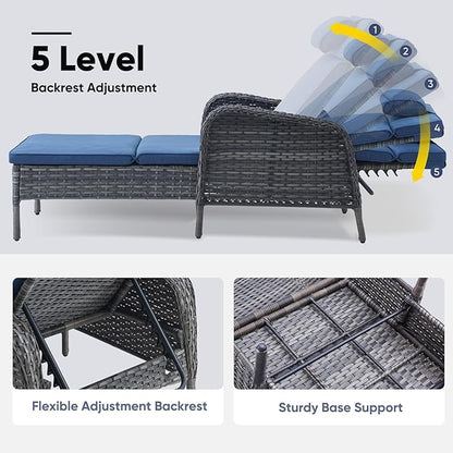 Belord Wicker Outdoor Chaise Lounge Patio Recliner - 75 Inch Adjustable Chaise Lounge with Soft Pillow Removable Cushions, All Weather Rattan Pool Lounge Chair for Poolside Deck - Gray/Blue