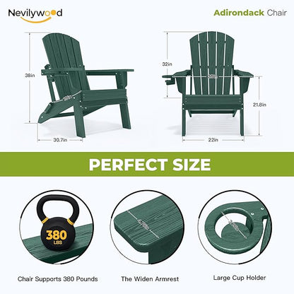 nevilywood Folding Adirondack Chairs Set of 2, All-Weather Fade-Resistant Design with Cup Holders, Great for Patio, Balcony & Outdoor Spaces,Green