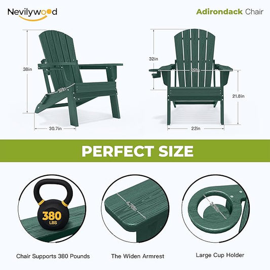 nevilywood Folding Adirondack Chairs Set of 2, All-Weather Fade-Resistant Design with Cup Holders, Great for Patio, Balcony & Outdoor Spaces,Green