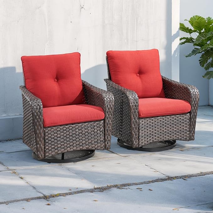Rilyson Outdoor Patio Swivel Rocker Chairs - 2 PC Wicker Rattan Patio Rocker Glider Chair Set with High Back,Comfy Cushions and Deep Seating for Porch Deck Backyard Garden(Brown/Red)