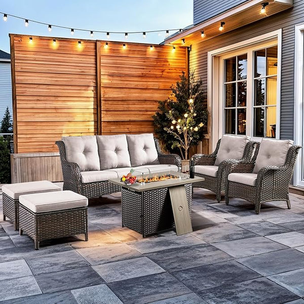 HUMMUH 6 Pieces Patio Furniture Set with Fire Pit Table High Back Outdoor Conversation Set Wicker Patio Couch Outdoor - Photo 1