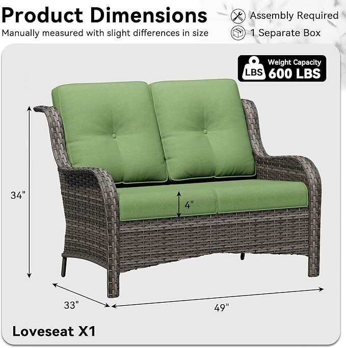 Wicker Patio Loveseat, 2 Seat Outdoor Couch with Thickened Olefin Cushions, High Back and Deep Seating, Hand-Woven PE Rattan for Porch, Deck, Balcony