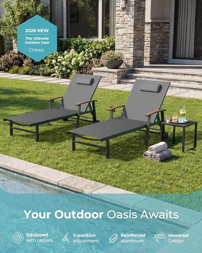 Ciokea Outdoor Lounge Chair with Pillow, 5-Position Aluminum Chaise Lounge with Wheels & Armrests - Photo 7