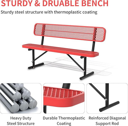 6 Ft Metal Park Bench for Outside, All-Weather Thermoplastic Coating Outdoor Bench with Backrest, Commercial Heavy Duty Benches for Shopping Malls, Stores, Parks, Patios, Decks, Red