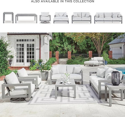 Signature Design by Ashley Moonlight View Contemporary Outdoor Nuvella Weather Resistant Fabric Loveseat with Cushion and 2 Throw Pillows, White & Light Gray