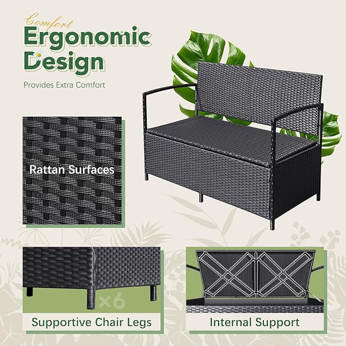 Flamaker Patio Loveseat Wicker Outdoor Furniture, All Weather Rattan Conversation Bench Chair with Large Storage Capacity and Cushions for Backyard, Outside Patio Porch (Black)