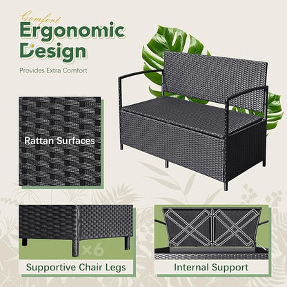 Flamaker Patio Loveseat Wicker Outdoor Furniture, All Weather Rattan Conversation Bench Chair with Large Storage Capacity and Cushions for Backyard, Outside Patio Porch (Black)
