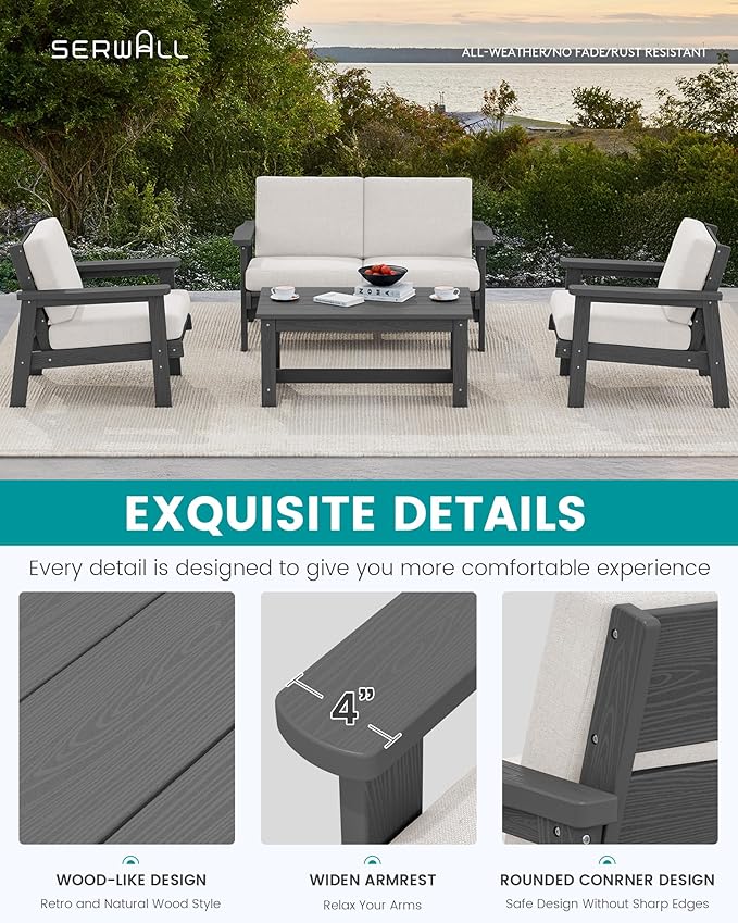 SERWALL HDPE Outdoor Furniture Set 4, All Weather Wood-Like Outdoor Sofa Sectional Couch - Photo 6