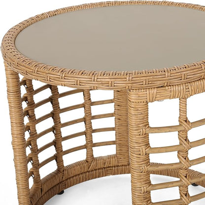 F-Light Rattan Side Tables, Outdoor Round Rattan Coffee Table with Tempered Glass Top for Porch Bistro Set, Brown