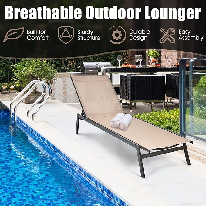 Giantex Chaise Lounge Chair Patio Chaise Lounger with 6-Position Adjustable Backrest and Breathable Fabric, Outdoor Recliner for Patio, Poolside, Backyard and Garden (2, Beige)