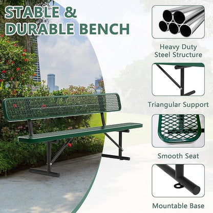 96" Metal Park Benches for Outside - Green Outdoor Benches Heavy Duty Garden Weatherproof Bench with Backrest, Buddy Bench for Schools,Commercial Benches for Shopping Mall, Store, Yard, Patio