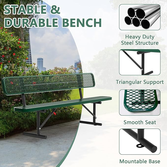 8FT Park Benches for Outside, Garden Benches Weatherproof with Backrest - Heavy-Duty Metal Bench for Patio Porch Backyard School Sports Church Locker Room Bench Commercial-Grade Seating Green