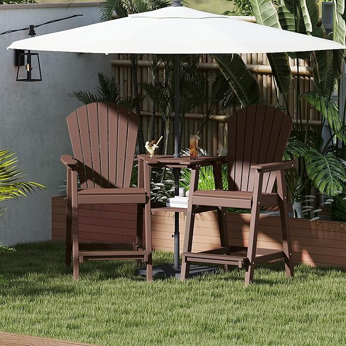 FOOWIN Tall Adirondack Chair Set of 8, All Weather HDPE Bar Height Adirondack Chair with Double Connecting Trays, Adirondack Barstools for Balcony, Deck, Backyard, Patio, Garden Brown