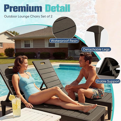Devoko Outdoor Chaise Lounge Chair Set of 2 with 5-Position Adjustable Back, Waterproof & Lightweight PP Lounge Chairs for Outside Pool Patio (Deep Brown)