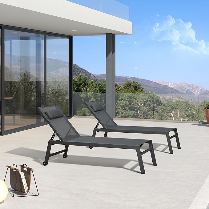 PURPLE LEAF Outdoor Oversized Lounge Chair Set Patio Chaise Pool Lounger Aluminum Frame with 2 Side Table and Wheels - Photo 4