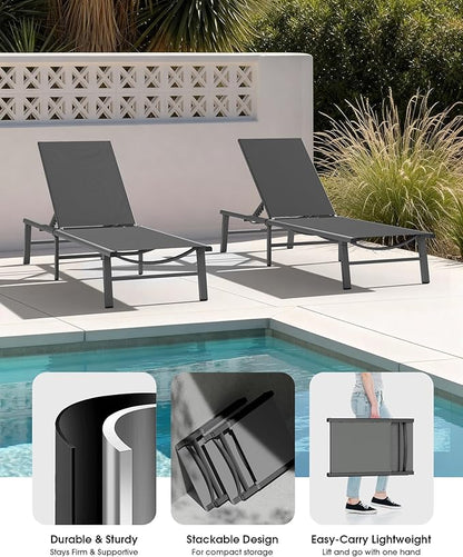 Ciokea Foldable Outdoor Lounge Chair Set of 4, No Assembly Aluminum Chaise Lounge Outdoor with 5-Positions, Aluminum Pool Lounge Chairs with Portable Design for Poolside, Beach, Deck, Patio, Grey