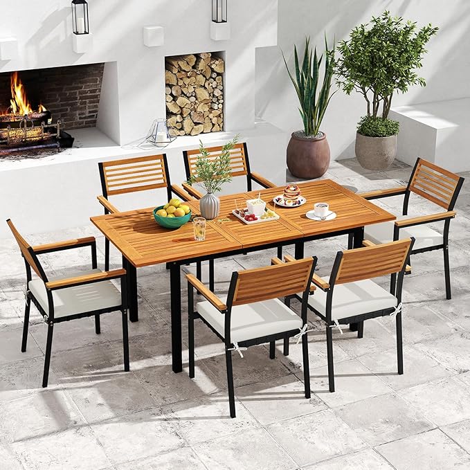 Tangkula 64 Inches Extendable Patio Dining Table for 4-8 People, Acacia Wood Outdoor Slatted Table with 1.97" Umbrella Hole & Metal Leg, Indoor/Outdoor Rectangular Table for Deck Garden Backyard