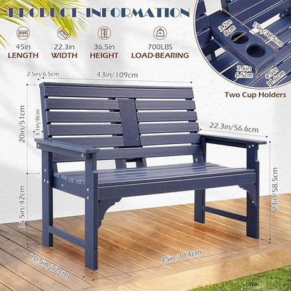 HDPE Outdoor Bench with Cup Holders, All Weather Garden Bench Suitable for 2-3 Person, Patio Benches Furniture with High Backrest and Wide Armrests for Front Porch, Garden, Backyard and Park, Blue