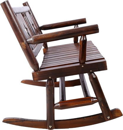 Outdoor Wood Rocking Bench, Carbonized Double Rocking Chair for 2 Persons with Wide Curved Seat, Porch Rocker for Porch, Garden, Backyard, Rustic Brown (Brown-Rocking)