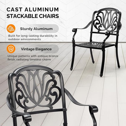 VINGLI Patio Chairs Set of 2 - Stackable Outdoor Cast Aluminum Dining Chairs with Vintage Black Finish and Floral Pattern, Metal Armchairs for Poolside, Backyard, Balcony (No Cushion)
