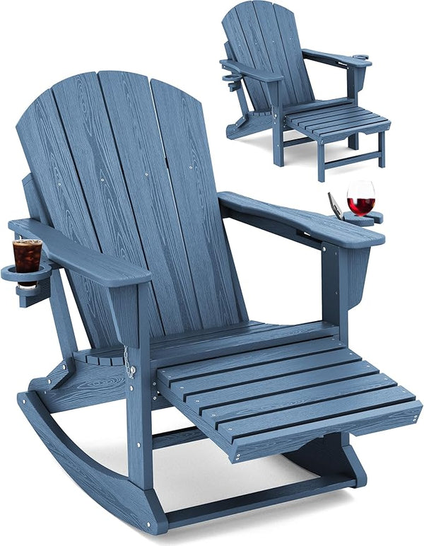 KINGYES Adirondack Rocking Chair with Retractable Ottoman and Cup Holders - Photo 1