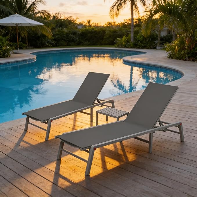 Kozyard 3-Pieces Patio Lounge Set, 2 Foldable Adjustable Lounge Chairs and Side Table, Aluminum Frame - Photo 1