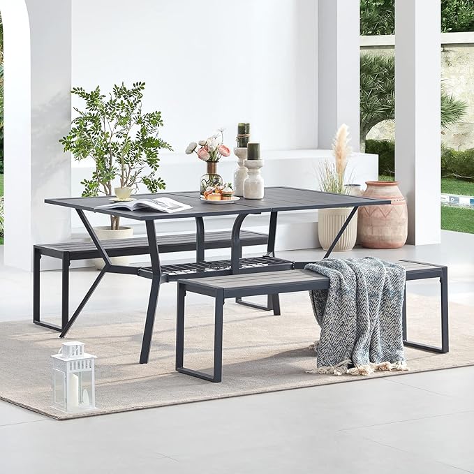 VICLLAX Garden Bench, 2 Pieces Outdoor Patio Wooden Bench with Weather-Resistant Steel Metal Frame, Patio Seating for Front Porch Backyard Park Outside, Dark Grey