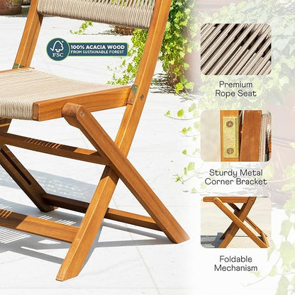 Idzo Wood Rope Design Bistro Chairs, Folding Patio Set of 2 Chairs – Heavy-Duty 400lbs Capacity Outdoor Seating for Balcony, Garden, or Porch