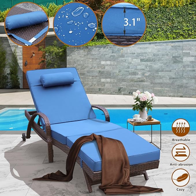 NOBLEMOOD Outdoor Lounge Chairs Set of 4 Beach Wicker Chaise Lounge with Wheels, Cushion, Adjustable Backrest for Outside Pool Sun Shelf Tanning Bathing (Blue)