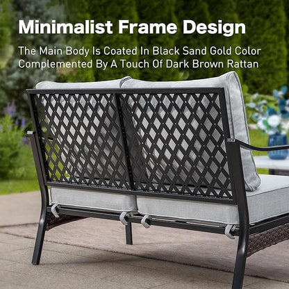 Metal Patio Furniture Loveseat with 5.75" Extra Thick Waterproof Cushion, 2-Seater Deep Seating & High-Back Black Outdoor Couch All Weather Outdoor Seating for Gazebo Porch, Light Gray