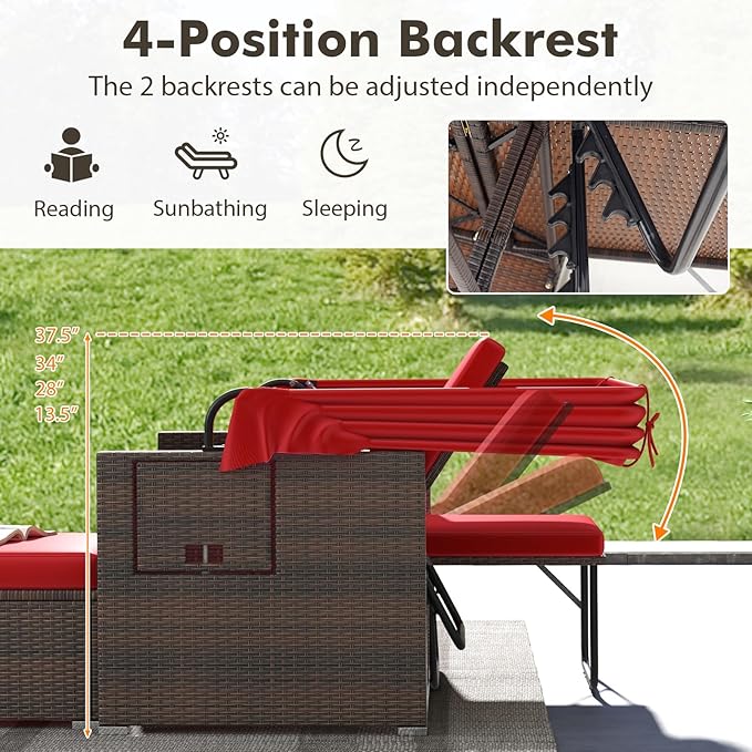 RELAX4LIFE Wicker Outdoor Daybed with Canopy - Rattan Loveseat Sofa Set w/Storage Ottomans, Adjustable Back, Retractable Trays, Sunbed Double Chaise Lounge for Backyard, 2-Seater Patio Daybed (Red)
