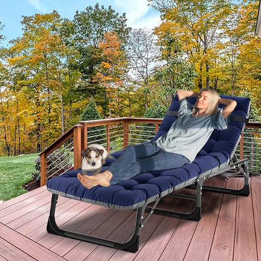 DoCred Folding Lounge Chair with Mattress, 5 Position Adjustable Folding Sleeping Bed Cot Chaise Lounge Chairs Perfect for Sunbathing, Camping, Pool, Beach, Patio