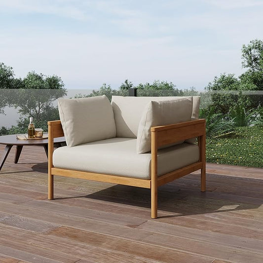 Acanva Modern Outdoor Patio Furniture Set, All-Weather Aluminium Conversation Sectional Sofa with Thick Cushions for Backyard, Garden, Porch, Armchair, Beige