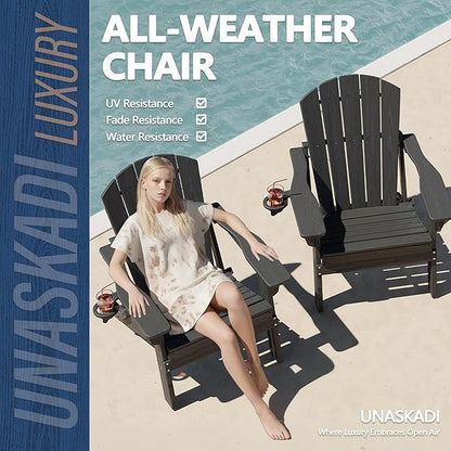 Folding Adirondack Chair Set of 4 with Cup Holder, HDPE All Weather Resistant Plastic Outdoor Patio Chairs, Heavy Duty Fire Pit Seating for Backyard Lawn Garden, Wooden Textured Design(Gray)