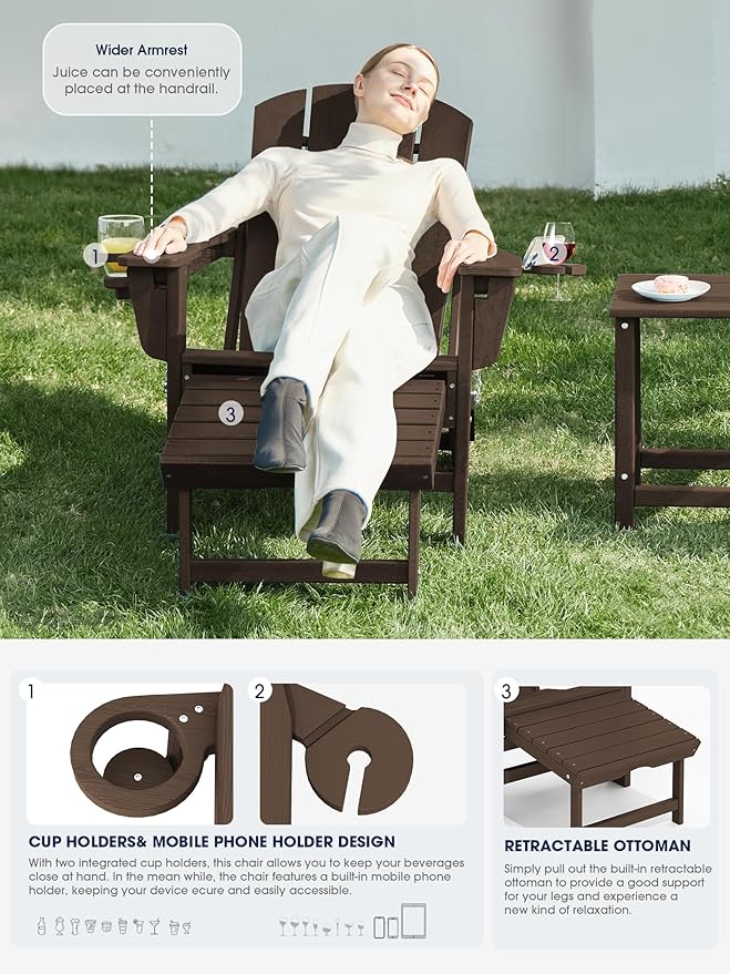 KINGYES Folding Adjustable Adirondack Chair with Ottoman & 2 Cup Holders, HDPE Adirondack Recliner Chair with Footrest - Photo 3