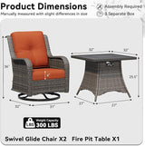 3 Pieces Outdoor Wicker Patio Furniture Set with Fire Pit Table, Swivel Rocker Patio Chairs Set with Thickened Cushions - Photo 2