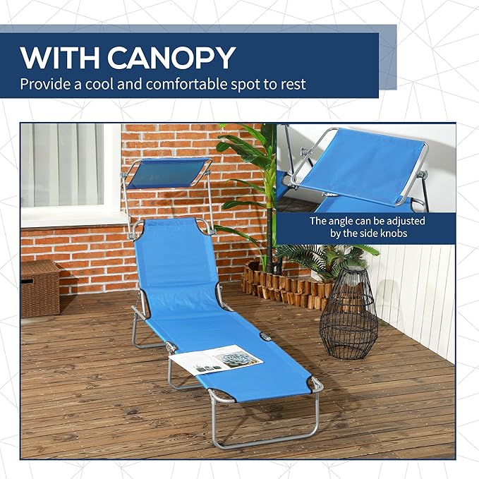 Outsunny Outdoor Lounge Chair, Adjustable Folding Chaise Lounge, Tanning Chair with Sun Shade for Beach, Camping, Hiking - Photo 6